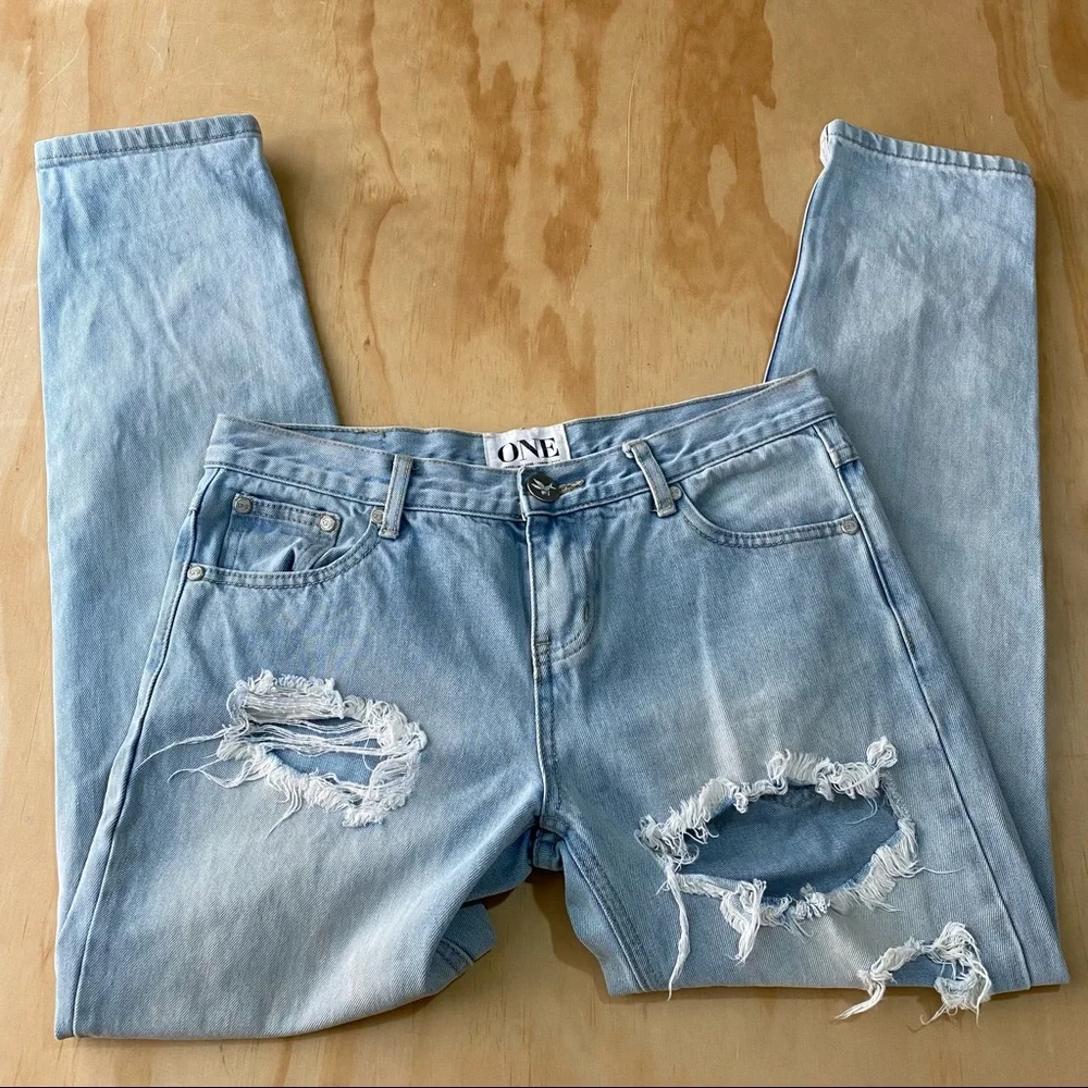 One Teaspoon Awesome Baggies Relaxed Distressed Tapered Rolled Jeans Size 27 - Picture 2 of 9